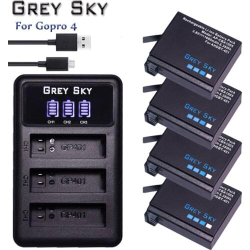 4Pcs 1680mAh AHDBT-401 Battery for Gopro Hero 4 Battery AHDBT401 go pro 4 + LED 3-Port USB Charger For GoPro Hero4 HERO4 Camera
