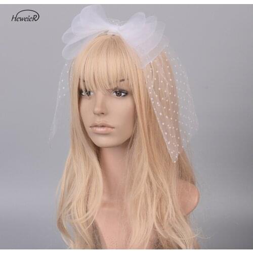 Women Bridal White Fascinator Handmade Lace Bowknot Veils Headband Hair Band Cocktail Races Headdress Party Wedding Accessory