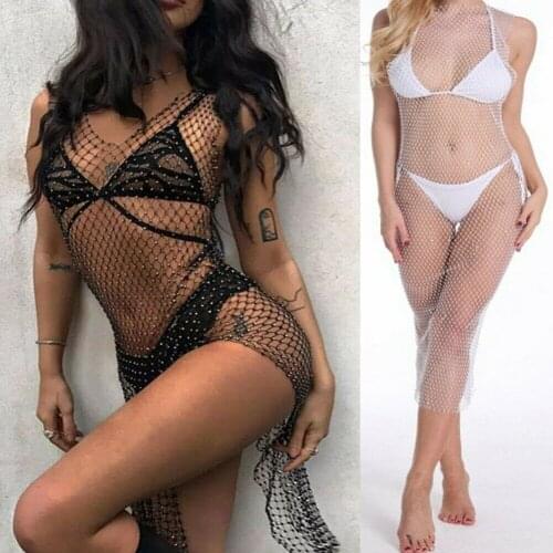 Womens Bikini Crystal Dress Mesh Hollow Out Swimsuit Swimwear Beachwear Hot Drilling Sexy Mesh Clothing