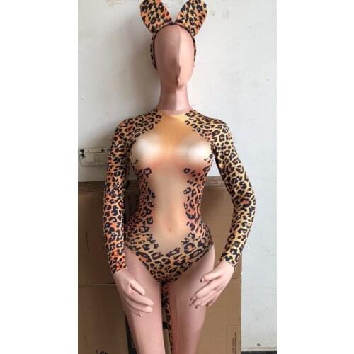 2020 New Sexy Leopard Bodysuit Rhinestone Costume Big Stretch Jumpsuit Performance Women Outfit Dance Sexy Occasion Dance Wear