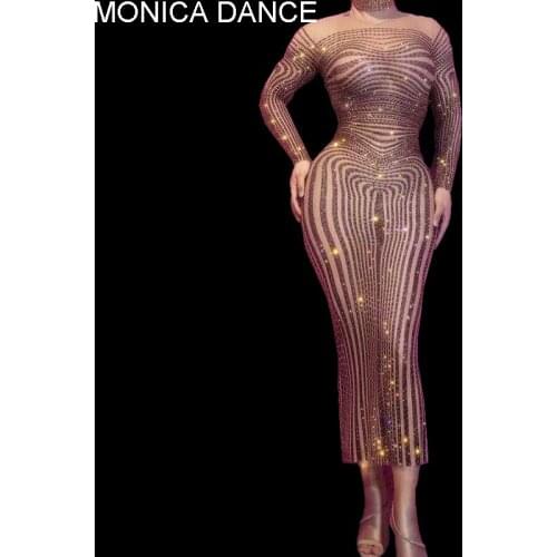 Women Sexy Flashing Rhinestone Transparent Long Dress Nightclub Dancer Singer Bar Prom Costume Outfit Birthday Evening Dress