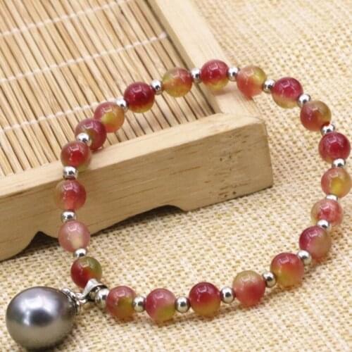 6mm multicolor stone jades chalcedony round beads strand bracelets women weaterdrop 12*16mm shell pendant jewelry 7.5inch B3171