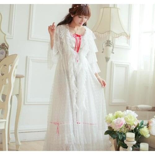 Free Shipping Long White Nightgown ladies Robe Royal Pijamas Womens Sleepwear Two Pieces Set Nightshirt
