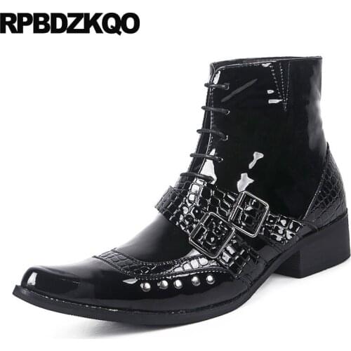 Ankle Snakeskin Waterproof Stud Wedding Pointed Toe Rivet Mens Black Patent Leather Boots Booties Metalic Chunky Dress Shoes