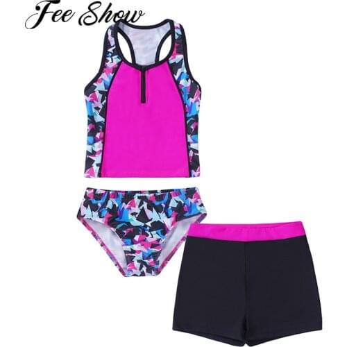 Brazilian Swimsuits Three-Piece Bathing Suit Tankini Set Shorts Stripped Bikini Bottom Scoop Neck Front Zipper Tank Top for Girl
