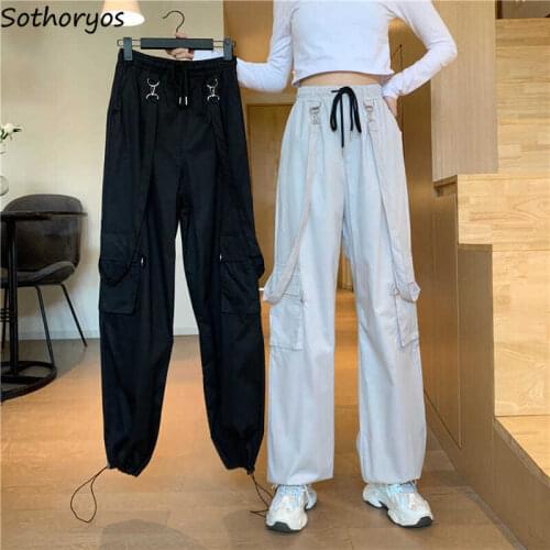 Cargo Casual Pants Women Overalls Ins Fashion Baggy Unisex Multi Pockets Techwear High Street Autumn Female Drawstring Students