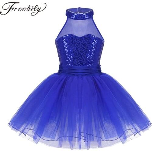 Kids Teen Sleeveless Sequin Mesh Splice Ballet Tutu Dance Leotard Dress Girls Gymnastics Leotard Ballerina Party Dance Dress
