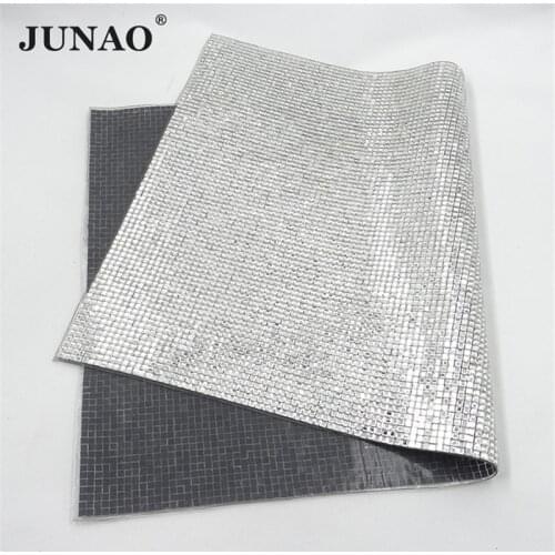 JUNAO 24*40cm Clear Hot Fix Glass Mirror Rhinestone Mesh Transfer Strass Ribbon Iron On Crystal Trimming Applique For Decoration