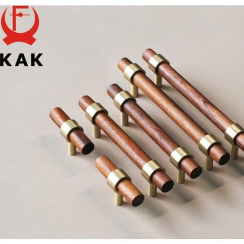 KAK 5pcs Walnut Wooden Furniture Handles Pure Copper Drawer Dresser Knobs Gold Closet Cabinet Pulls Kitchen Handle Door Hardware