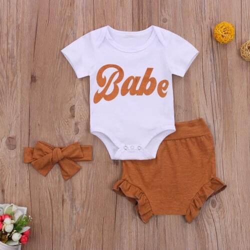 Pudcoco Newborn Baby Girl Clothes Letter Print Crew Neck Short Sleeve Romper Solid Color Short Pants Headband 3Pcs Outfits Baby