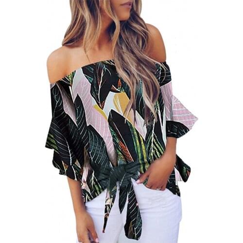 Ladies Summer Fashion Hot Sale Floral Print Sexy Off-the-shoulder One-neck Top Casual Loose Sweet Versatile Hem Knotted T-shirt