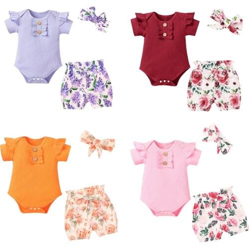 Baby girls summer fashion clothing 3pcs Infant Ruffle Short Sleeve Romper + Flower Print Shorts + Bow Hair Ornament