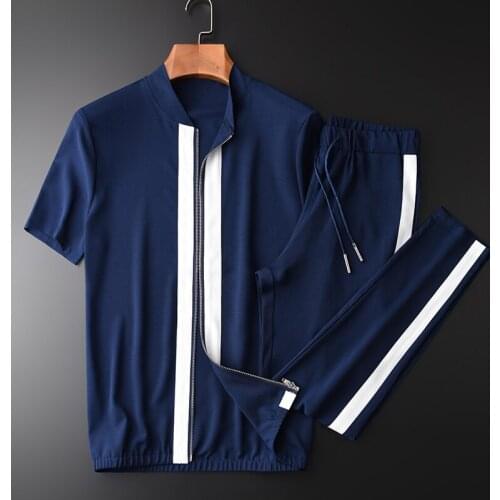 21C Summer Mens Sets (jacket+pants) Contrast Color Zipper Short Sleeve Jacket Plus Size 4xl Elastic Waist Sport Man Sets