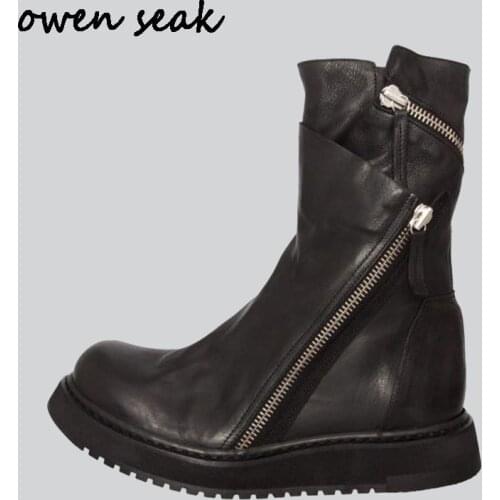 Owen Seak Men Shoes High-TOP Ankle Boots Luxury Trainers Genuine Leather Boots Casual Zip Flats Black Big Size Brand Sneaker