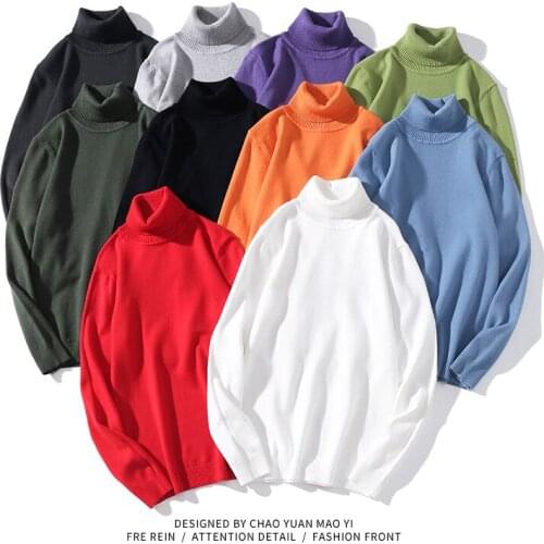 2019 Autumn Winter Warm Turtleneck Sweater Men Fashion Solid Knitted Mens Sweaters Casual Male Double Collar Slim Fit Pullover
