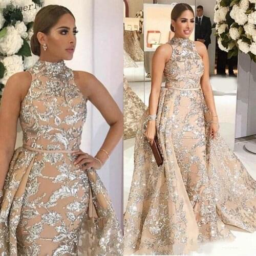 2020 New High Neck Prom Dresses Sleeveless Gold Appliqued with Detachable Train Pageant Gown Formal Evening Dress Plus Size