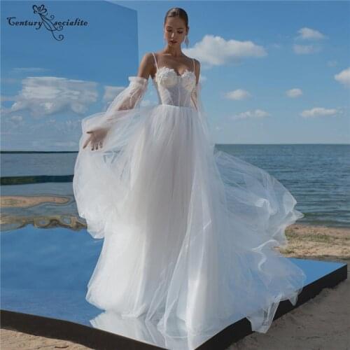 Beach Wedding Dresses 2021 Detachable Sleeves Floral Appliques Pearls Spaghetti Lace Up Plus Size Boho Bridal Gowns Bohemian