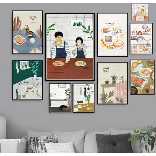 Romantic Kitchen Couples Family Canvas Painting Delicious Food Posters Prints Cartoon Lovers Picture for Dining Room Living Room