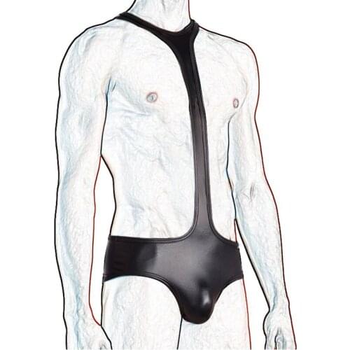 Sexy Men Bodysuits PU Leather Halter Penis Pouch Jumpsuits Wrestling Singlet Latex Teddies Bielizna Erotyczna Gay Cat Suit 2XL