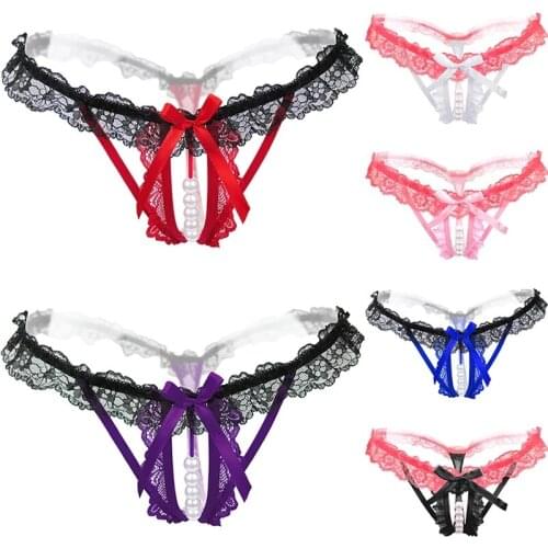 Sexy Panties Womens Underpants Pearl T Back Bow Lace Open Crotch Underwear BabyDoll Charming Perle String G-String