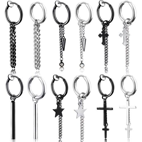 Hip Hop Silver Color Cool Cross Star Bullet Titanium Drop Earrings Cool Black Tassel Earrings For Women Men Fashion Jewelry Gift