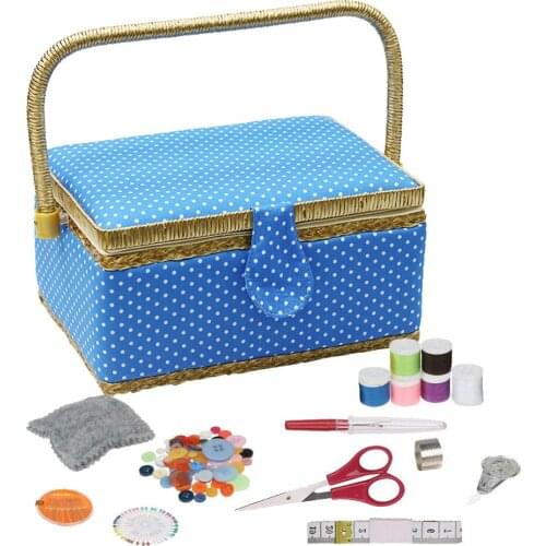 Sewing Box with Sewing Kit Accessories Wood&Fabric Crafts Basket Box Organizer Gift for Mother 24*17.5*13cm
