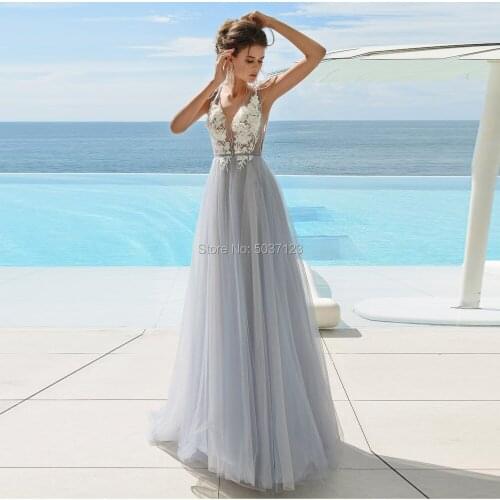 Tulle Deep V Neck Wedding Dresses A Line Lace Appliques Beading Sleeveless Open Back Floor Length Bridal Gowns Vestido De Noiva