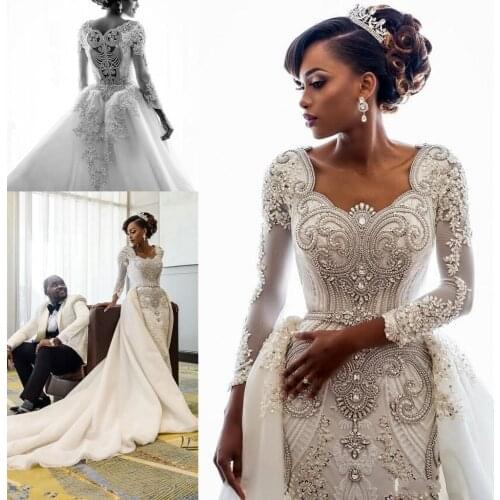 Beading African Wedding Dresses Luxury Crystals Long Sleeves Detachable Train Bridal Gowns Custom