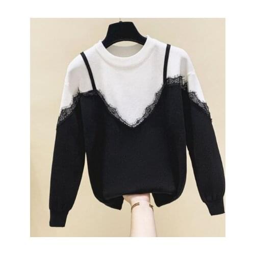 Lace Patch Sweater Women Round Neck Pullover Womens 2020 Autumn Winter New Korean-Style All-match Knitwear Fashion Tops