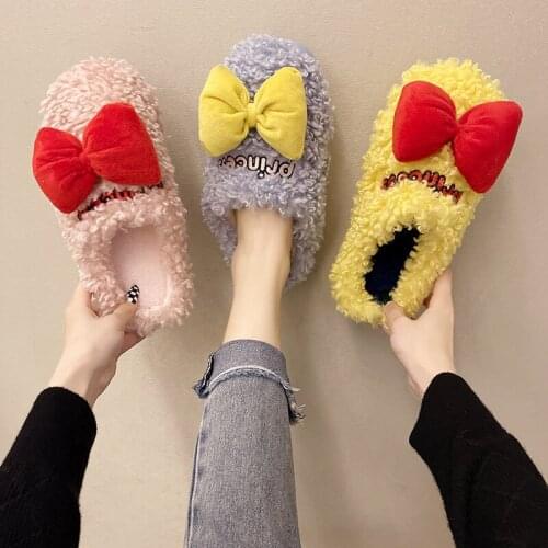 Fashion Bow Ladies Cotton Slippers Autumn Winter Cute Non-slip Household Slippers Flat Shoes Comfortable Warm Couple Slippers
