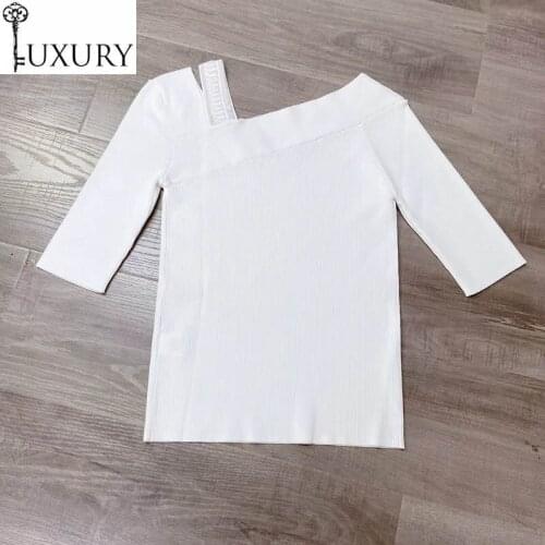 Spring New Summer 2020 Fashion Pullovers Women Crystal Beading Deco Sexy Off Shoulder Casual Blue Black White Jumpers Ladies
