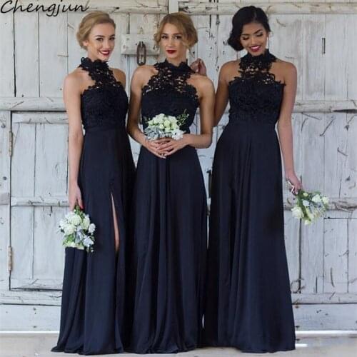 Chengjun Dark Navy No Sleeve High-Neck Vintage Lace Long Elegant Bridesmaid Dress