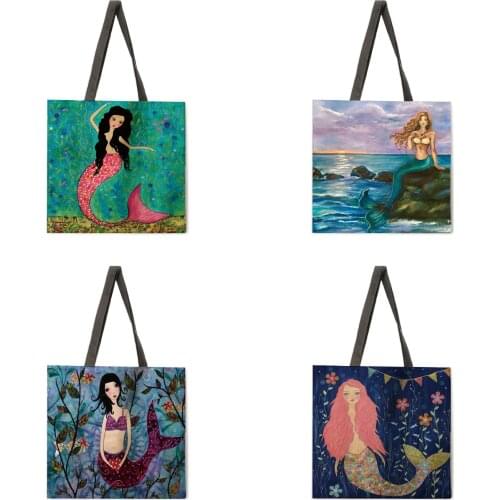 Mermaid female printed tote bag linen fabric bag casual folding shopping bag outdoor beach bag daily tote bag