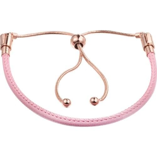 Authentic 925 Sterling Silver Pink Leather Slider Bracelets for Women DIY Charms Beads Jewelry Making Pulseras Wholesale