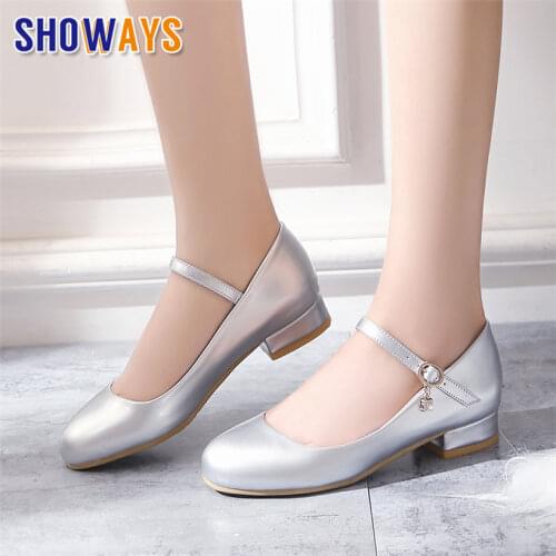 Sweet Silver Women Pumps Low Block Heels Gold Patent Leather Round Toe Wedding Party Crystal Ankle Strap Mary Jane Lolita Shoes