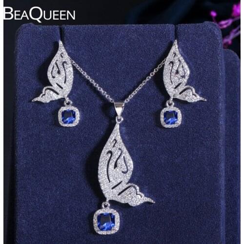 BeaQueen Fashion Butterfly Shape CZ Crystal Micro Paved Cubic Zirconia Blue Stone Earrings and Necklace Women Jewelry Sets JS018