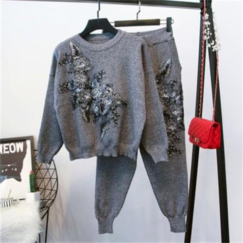 Fashion sweater suit female Large size fall New high-quality casual loose embroidery woolen sweater+pants Two-piece set women