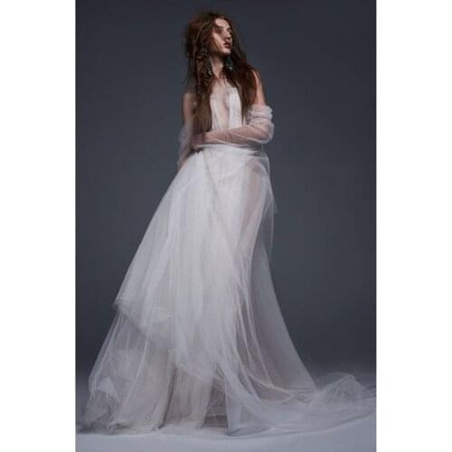 Dreamlike Beach Tulle Bridal Dresses Off The Shoulder See Thru Full Sleeves Long Women Dresses Party Sexy Split Gowns