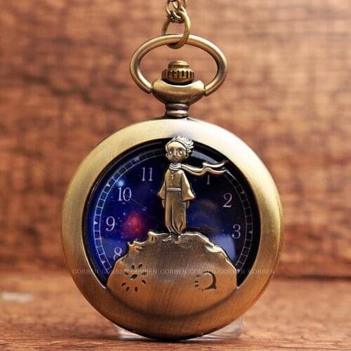Star Sky Little Prince Hollow Quartz Pocket Watch Necklace Bronze Chain Antique Pendants Cute 3D Cartoon Comic Children Gifts