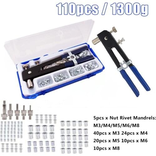 110PCS Threaded Nut Rivet Gun M3-M8 Insert Tool Set with Non-slip Handle Easy To Use Riveter Rivnut Nutsert Kit Convenient
