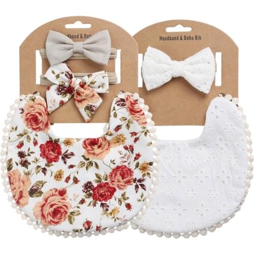 2 Sets/Lot Flower Print Embroidery Baby Bibs Headbands Bow Tie Scarf Bandana Double Side Toddler Saliva Towel Feeding Burp Cloth