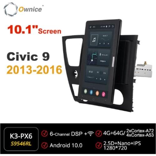 1280*720 Android 10.0 Ownice 10.1 Inch Rotation Autoradio 1 Din forCivic 9 2013 2014 2015 2016 Car Radio Auto GPS Multimedia DSP