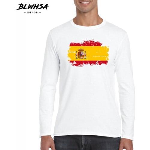 BLWHSA Brand Clothing Men T-shirts Long Sleeved Spain Flag Nostalgic Style Casual Cotton O-neck Spain Men T Shirts