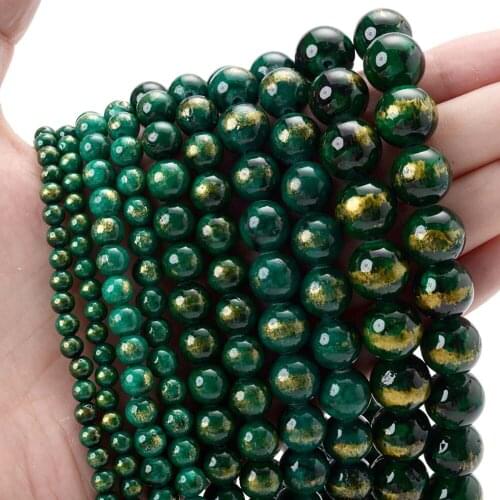 Natural Stone Bead Dark Green Golden Jades Round Loose Beads for Jewelry Making DIY Bracelet Necklace Accessories 4/6/8/10/12mm