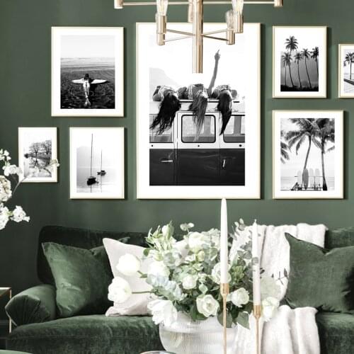 Black White Surfboard Beach Girl Look Sky Palm Trees Nordic Poster Wall Art Print Canvas Painting Decor Pictures For Living Room