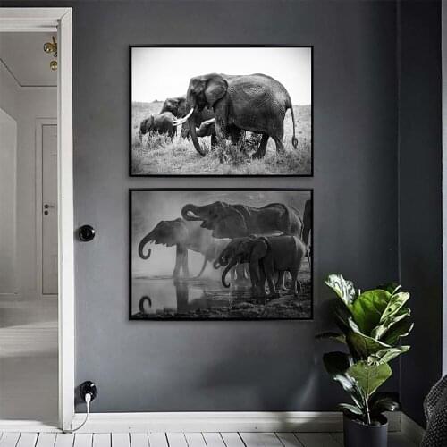 Black and White Elephant Group Photo Anime Posters Decorative Arts Canvas Paintings Wall Art Pictures for Living Room Home Decor