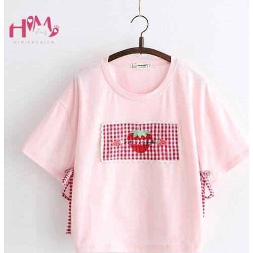 Vintage Harajuku Graphic T Shirts Women Korean Style Strawberry Lace Up Tops Teen Girl 2020 Summer Kawaii Short Sleeve Tee Shirt