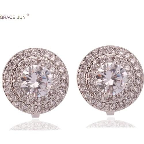 GRACE JUN Circle Geometric Clip on Earrings No Pierced Luxury Fashion Bride Wedding Cubic Zircon No Hole Earrings New Arrival