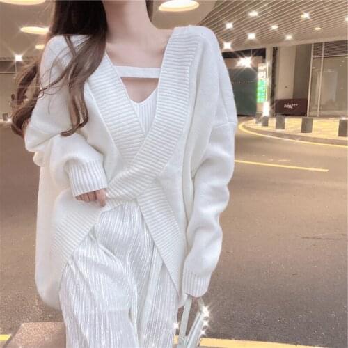 Lazy Style V-Neck Pullover Sweater Women 2021 Spring Autumn New Korean Fashion Loose Thicken Solid Color Cross Knitting Sweaters