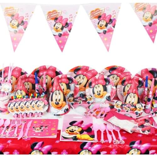 Kids Birthday Party Minnie Mouse Decoration Set Party Supplies Paper Cup Plate Napkins Banner/Flag Hat Straw Candy Box Supply
